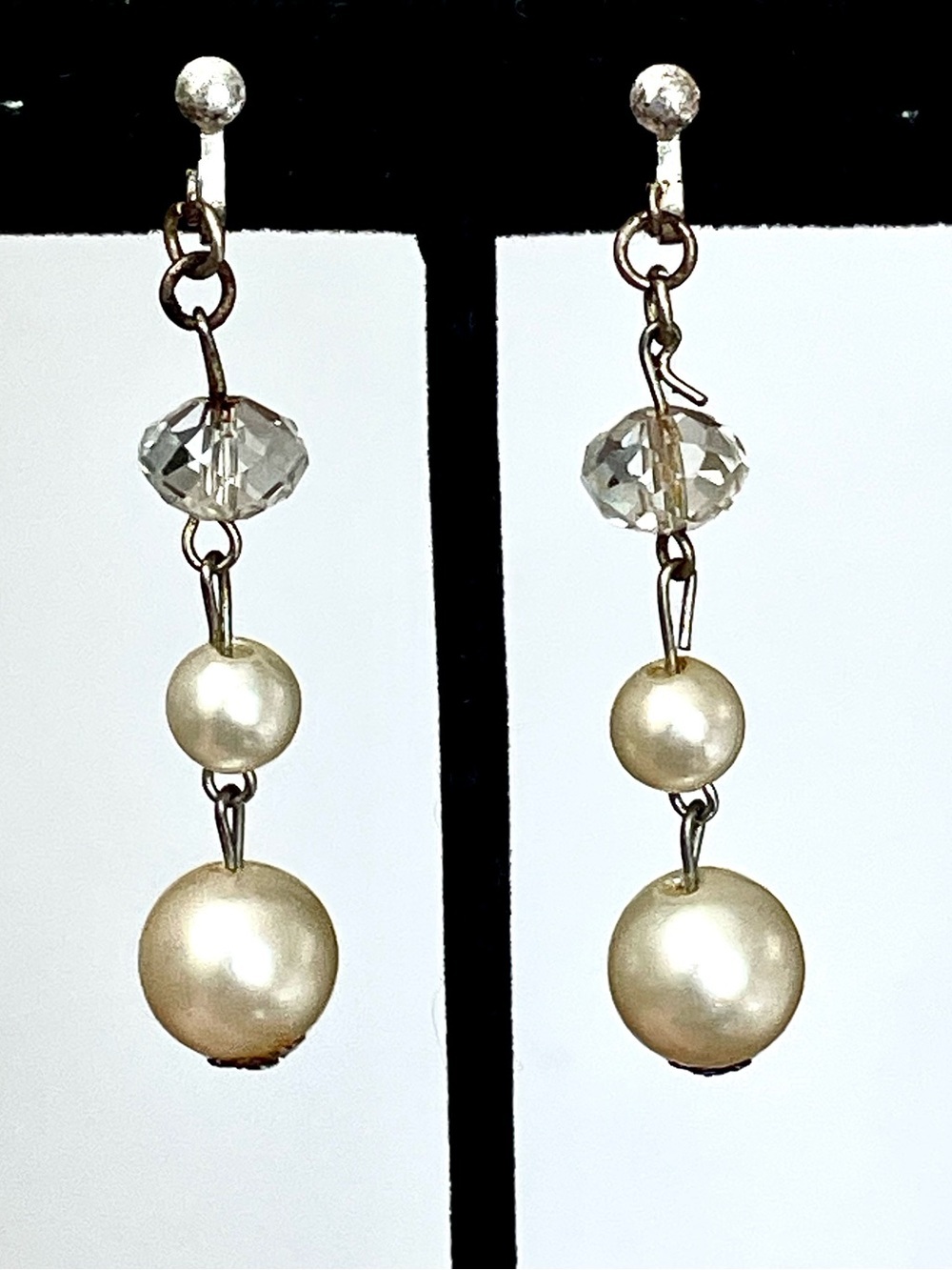 Vintage Pearl Ice Crystal Dangle Clip Earrings Coquette Bridal 1960s Retro MCM